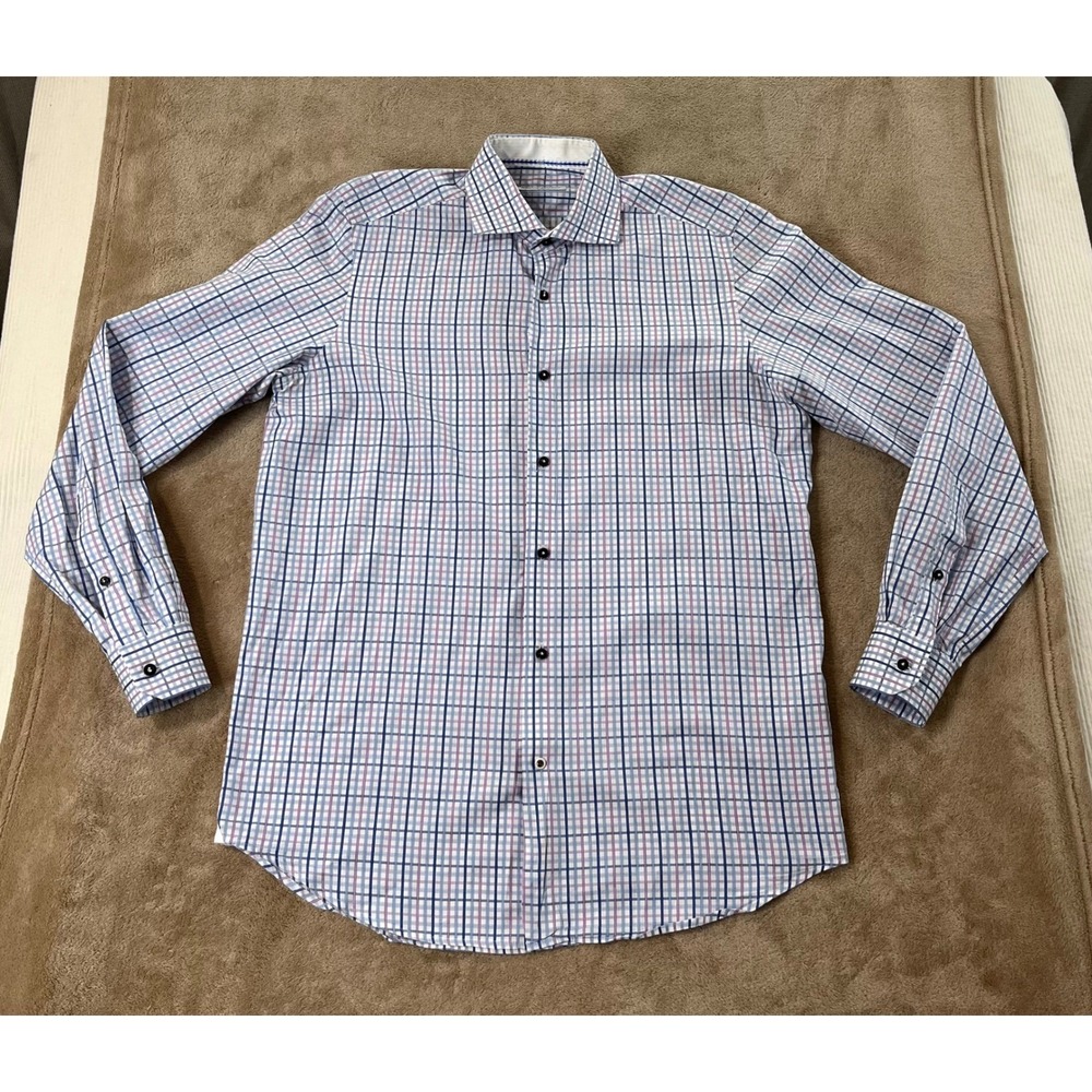 Robert Graham Dress Shirt Men's 15.5 39 Blue Pink Plaid Button Up Long Sleeves